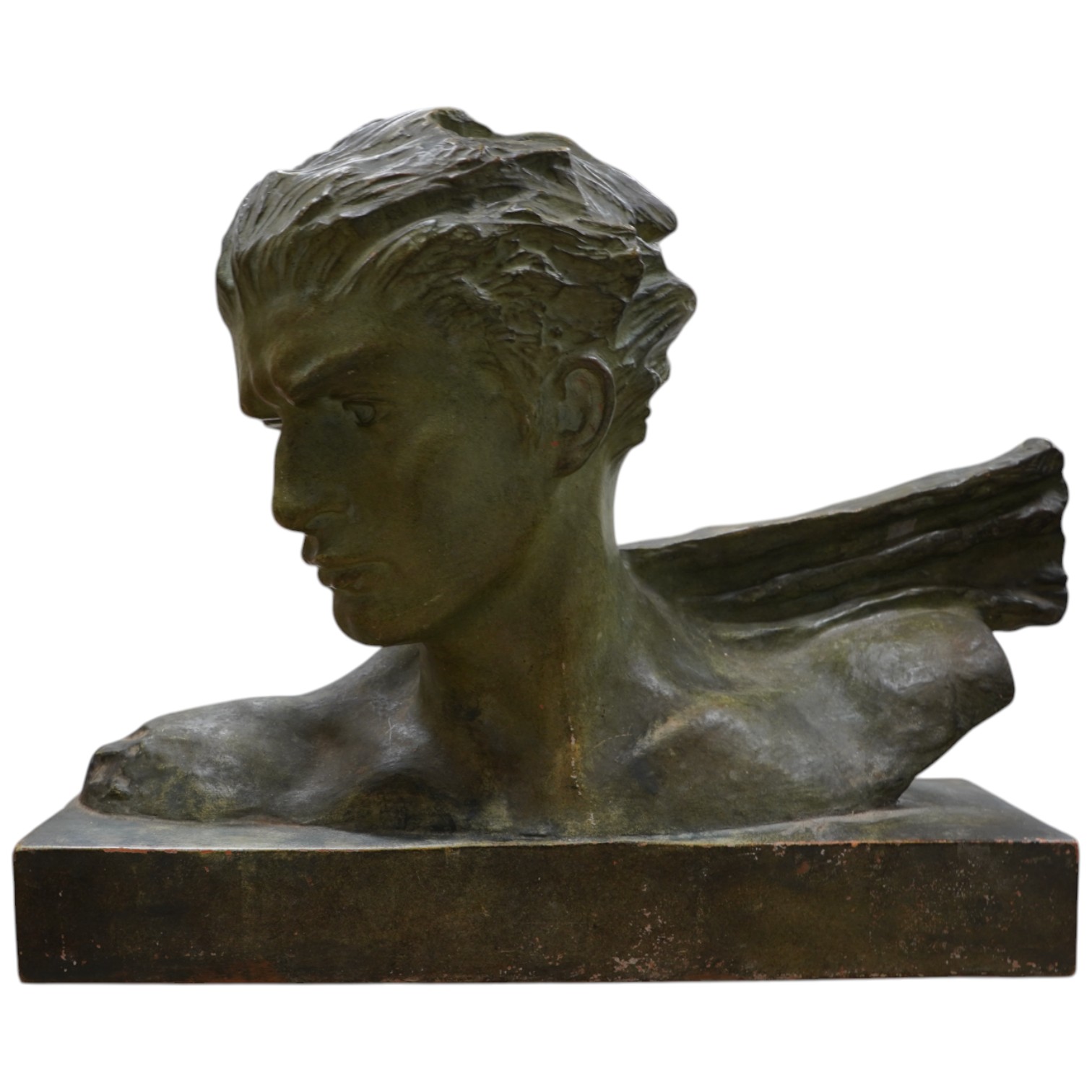 Gauthiot - bronzed terracotta portrait bust, Aviator Mermoz, 46cm wide x 33cm high